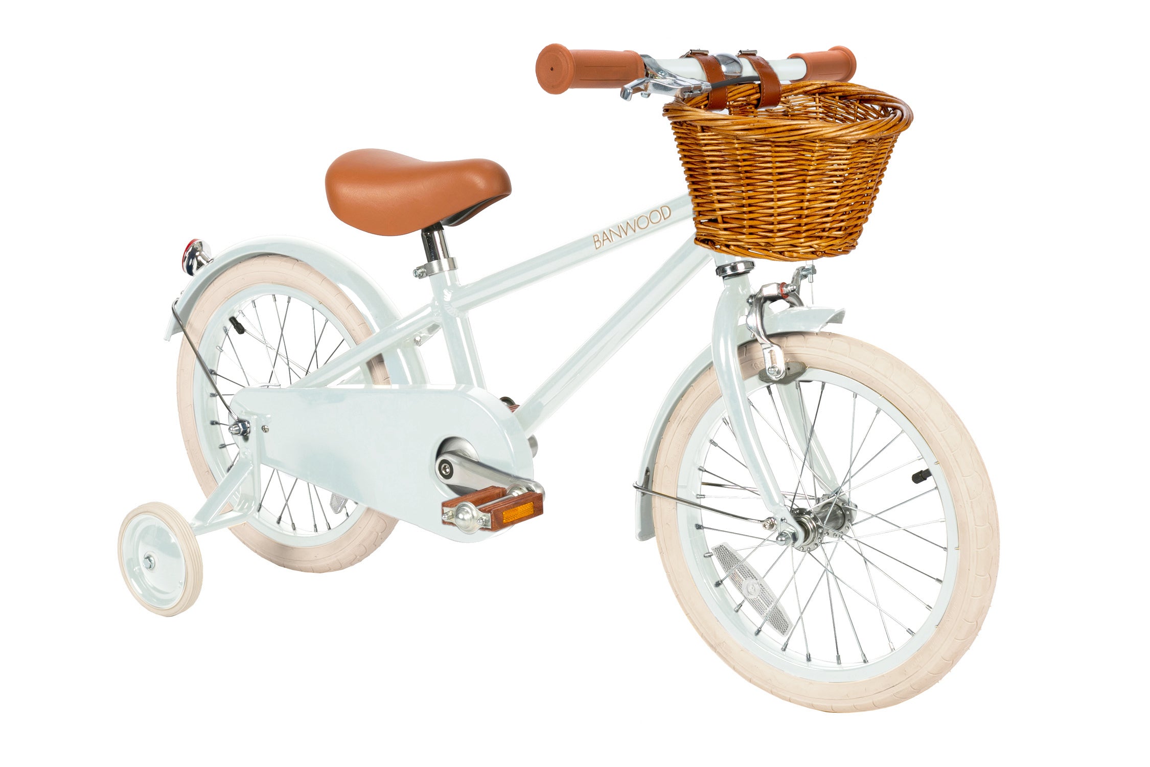 Children's bicycle with training wheels, mint frame, brown seat, and basket on a white background