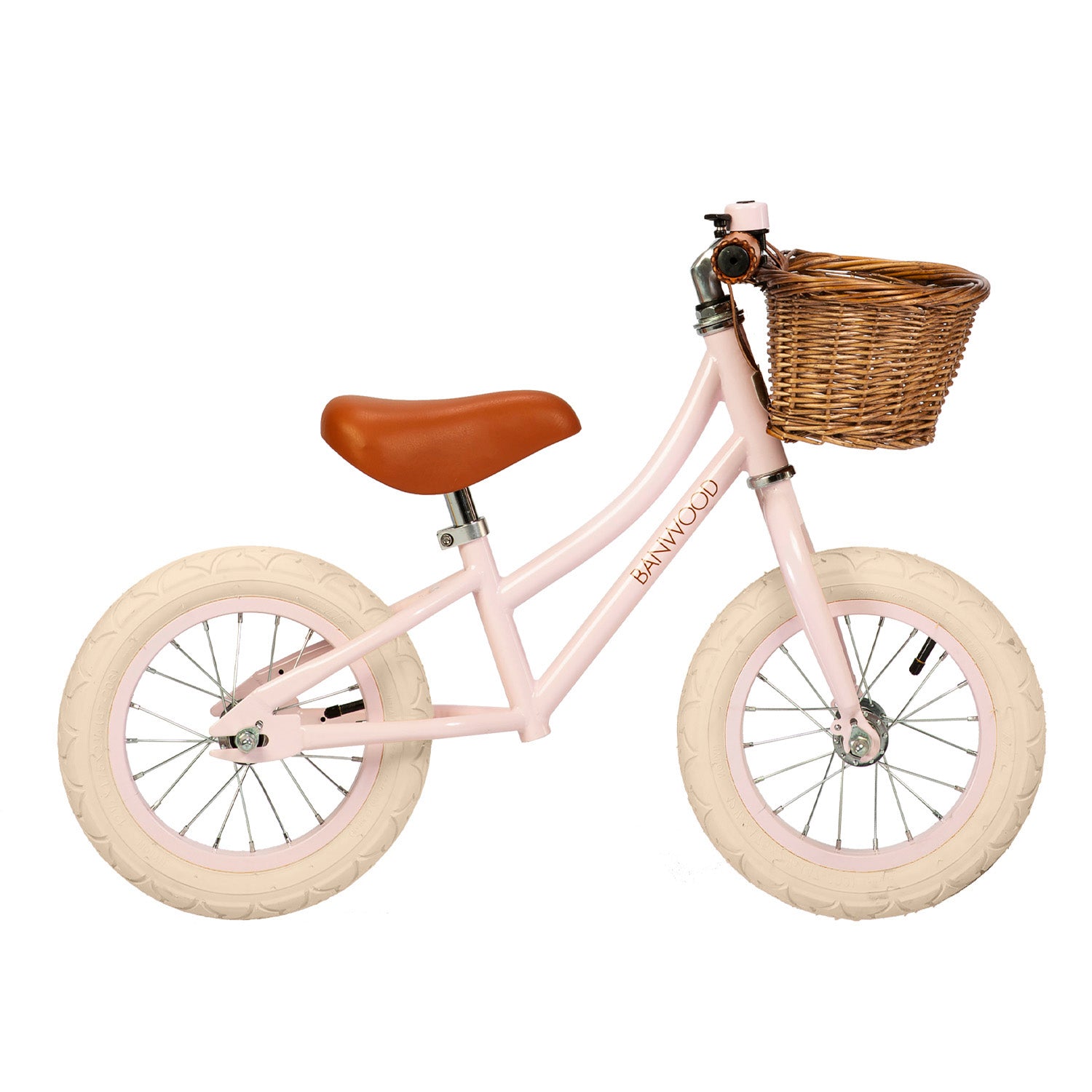 kids balance bike with pink frame and basket