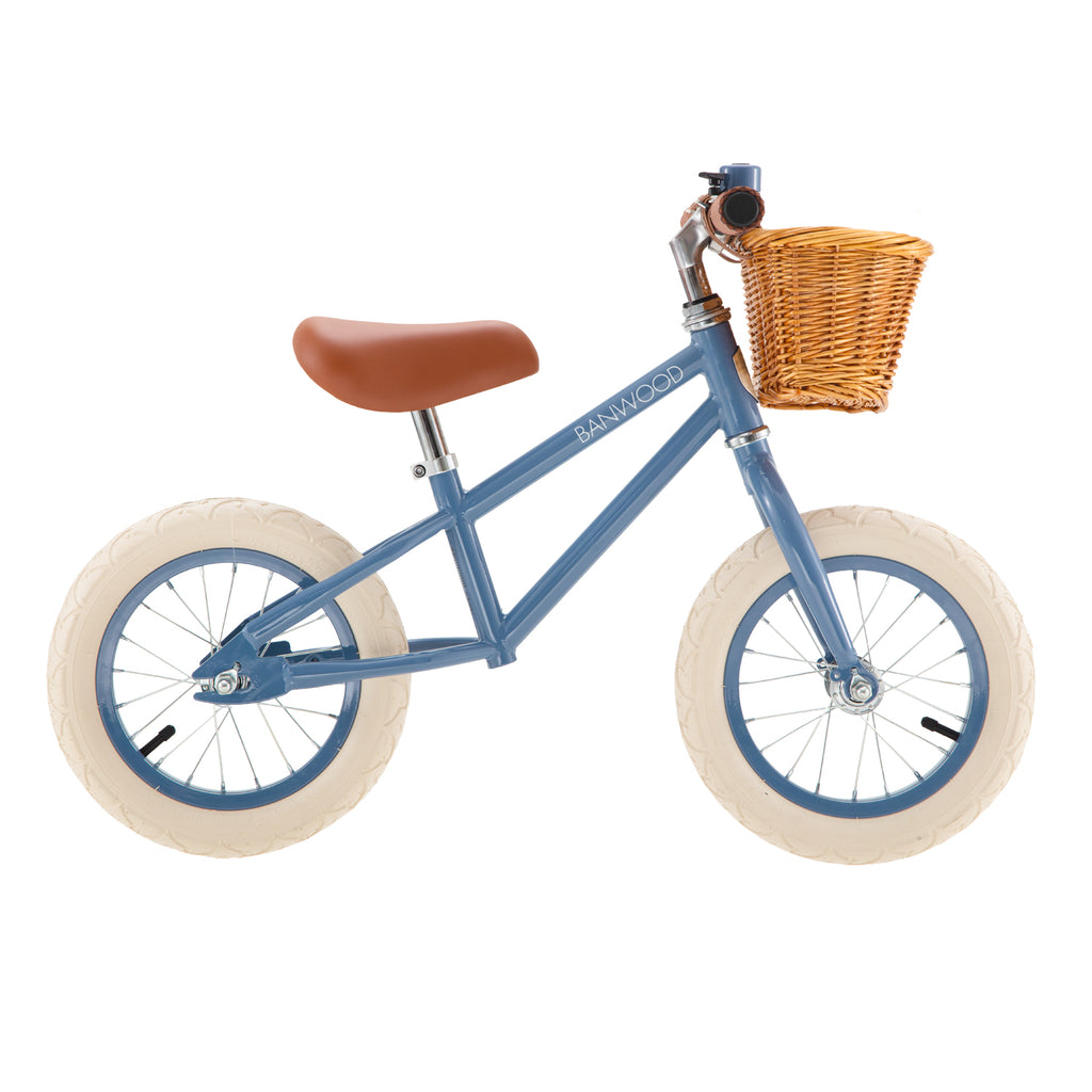 balance bike with basket and blue frame