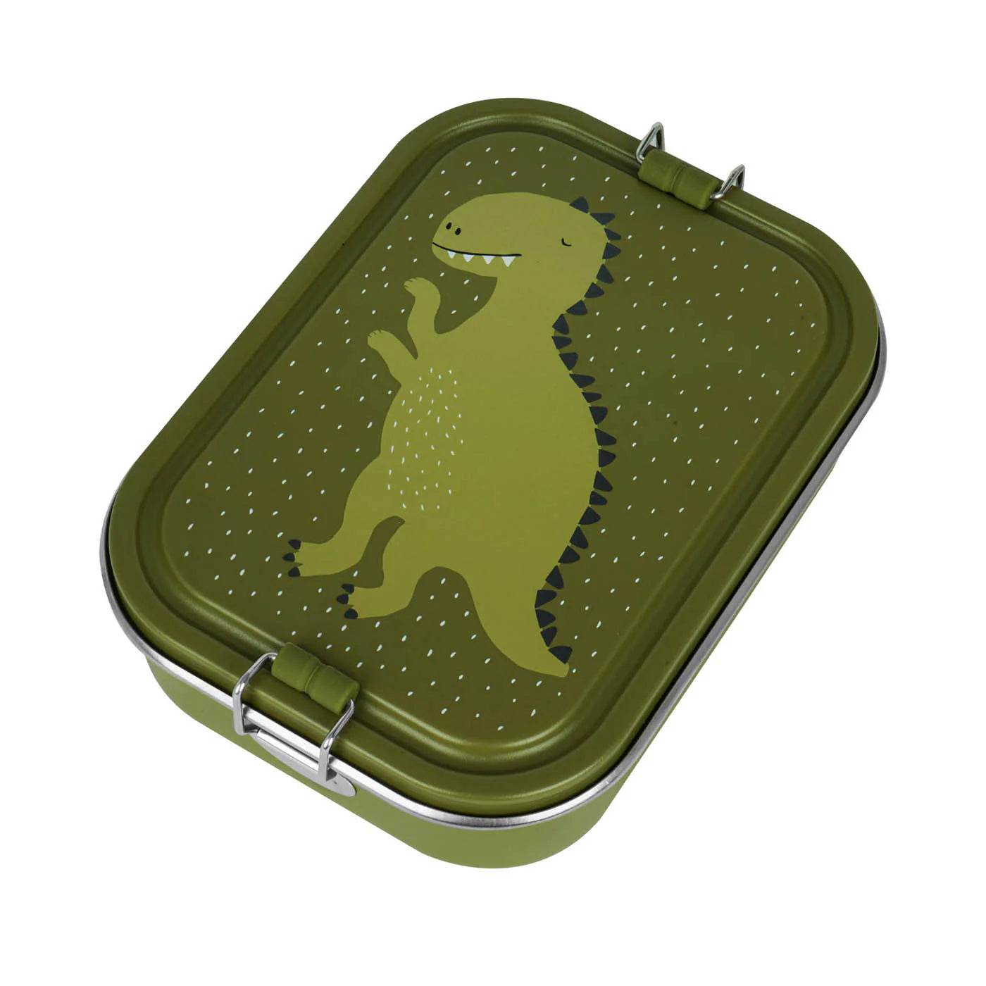 kids lunch box from stainless steel in. green color with dinosaur print
