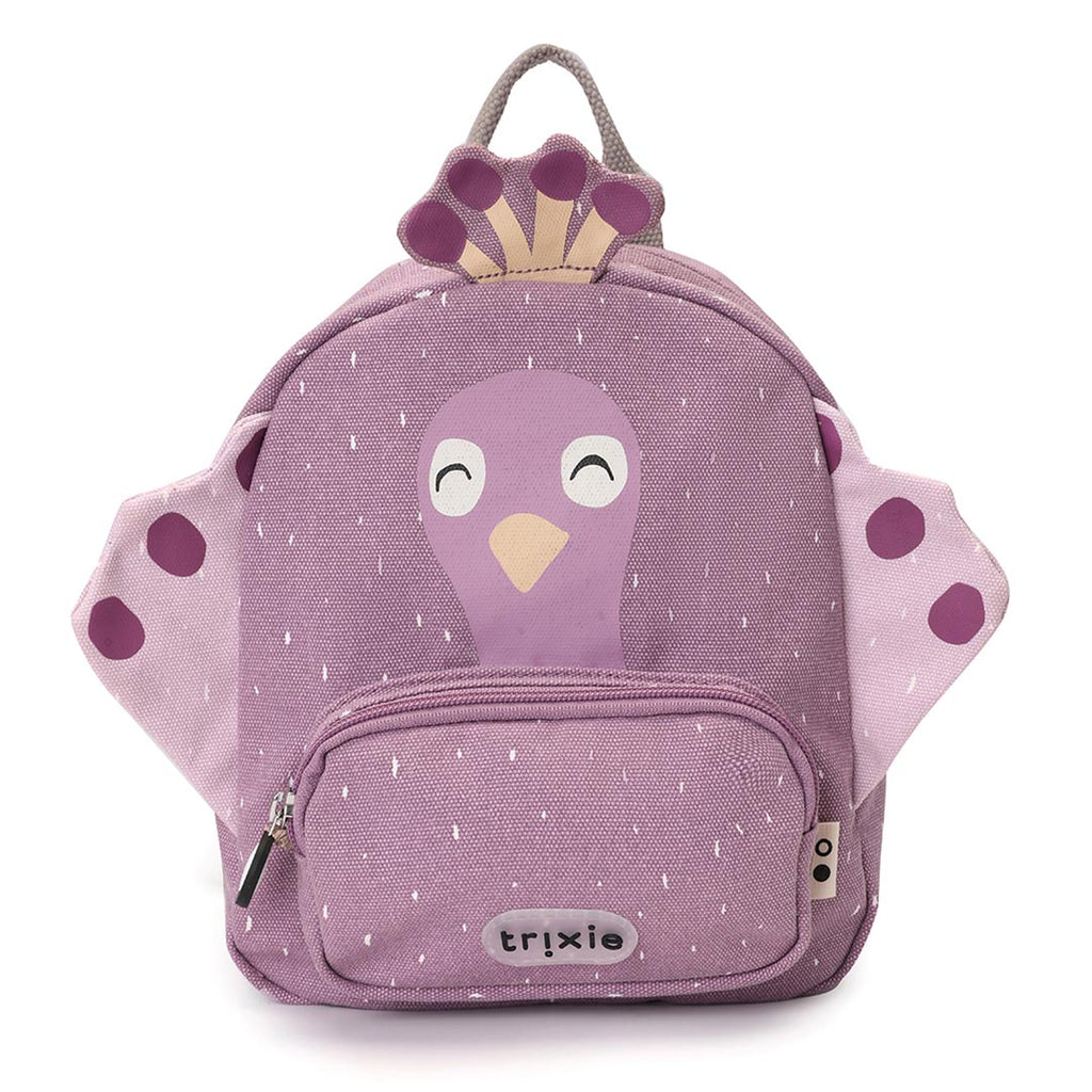 purple kids backpack with peacock