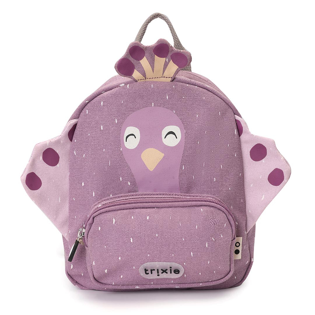 purple kids backpack with peacock
