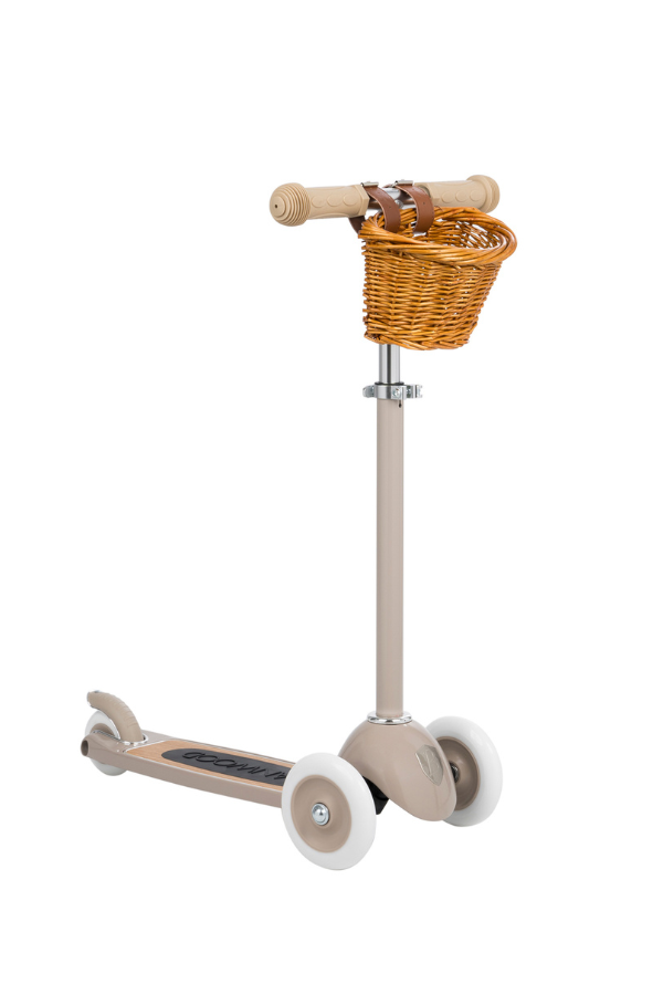 kids three wheel scooter with basket in beige color