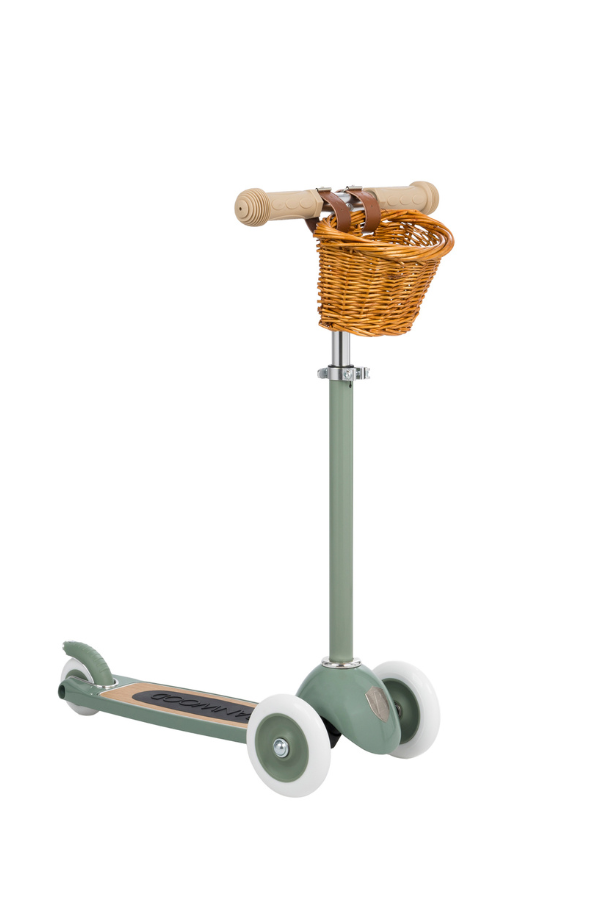 kids three wheel scooter with basket in forest green