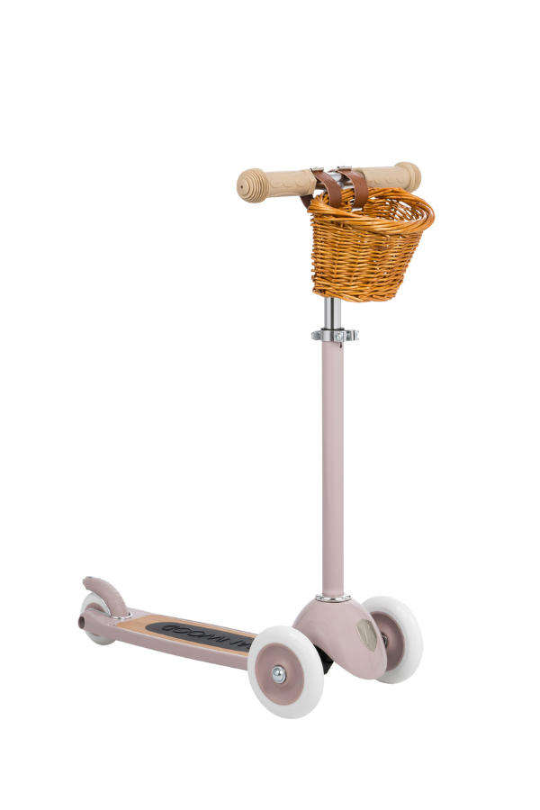 dusty pink kids scooter with basket