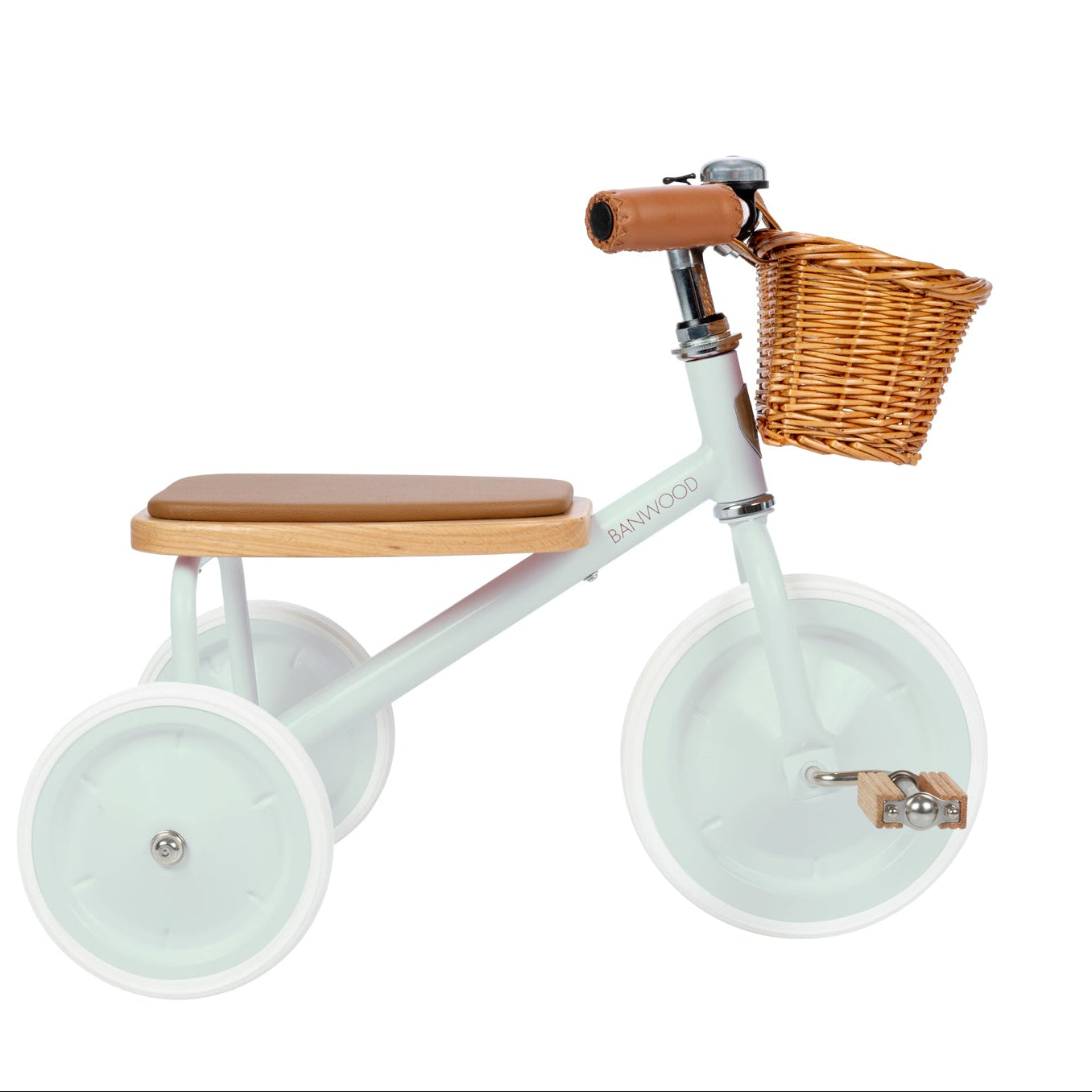 Children's tricycle with a wooden seat and basket on a white background