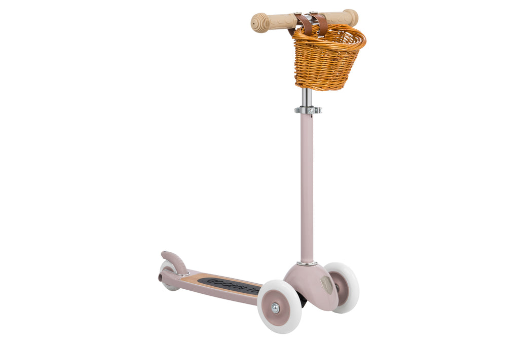 kids scooer with basket and dusty pink frame