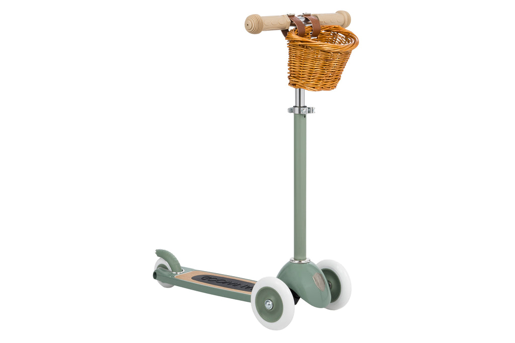 kids three wheel scooter with basket in forest color