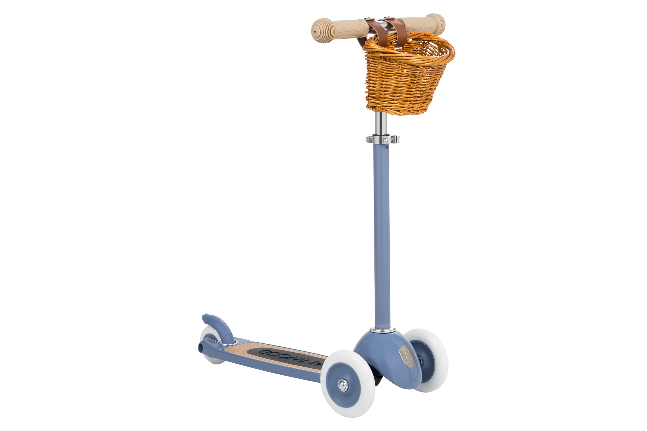 kids three wheel scooter with basket and blue frame