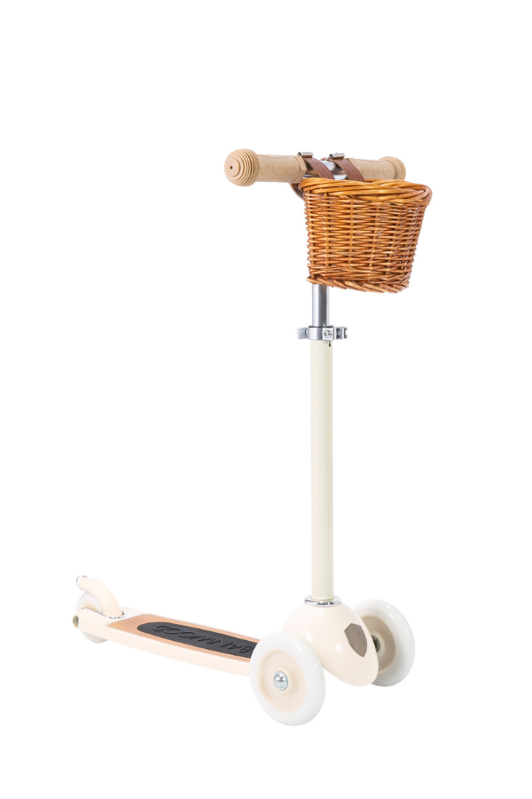 three wheel scooter for kids with basket and cream frame