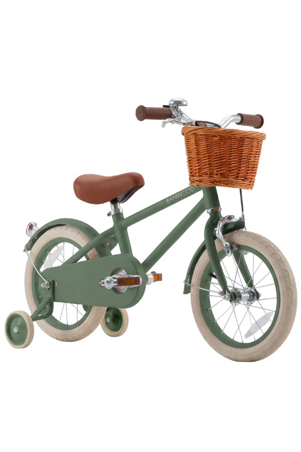 green kids bicycle with training wheels and basket