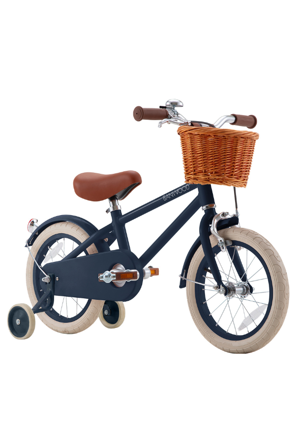 navy kids bicycle with training wheels and basket