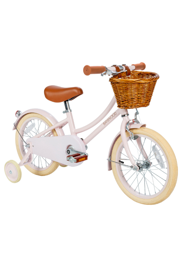 pink retro kids scooter with training wheels and basket