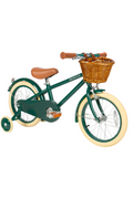 green kids bike with training wheels and basket