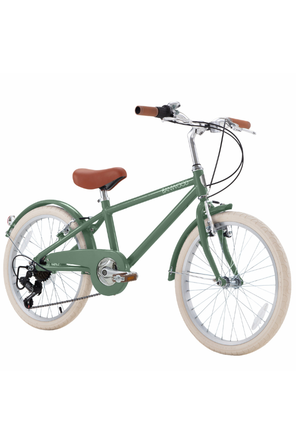 green vintage bicyle with brown leather saddle
