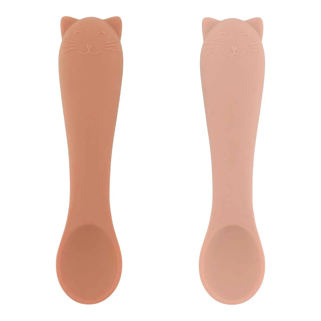 set of two spoons for first baby meals with cat design in pink