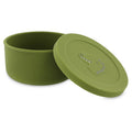 silicone snack box with lid for babies and kids in green color with dinosaur print