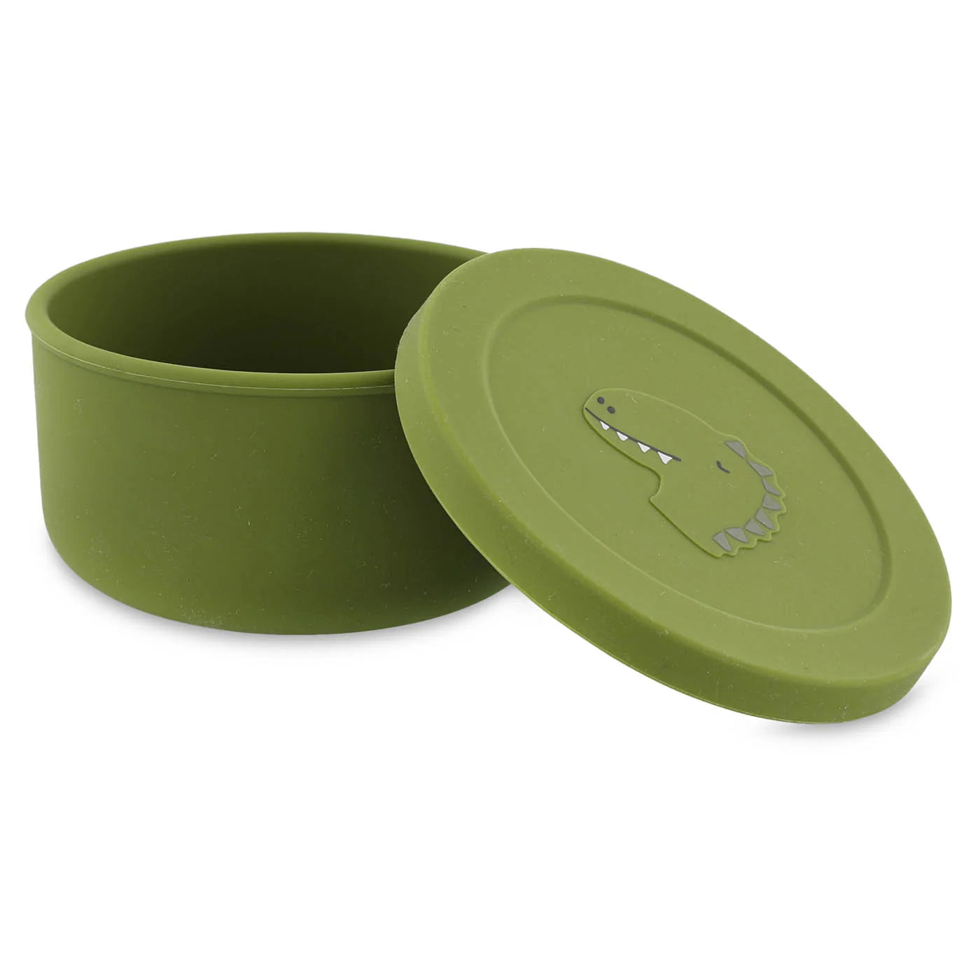 silicone snack box with lid for babies and kids in green color with dinosaur print