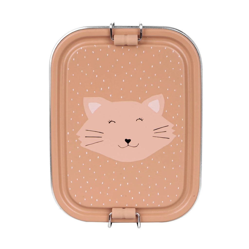 pink kids lunch box in stainless steel with cat print
