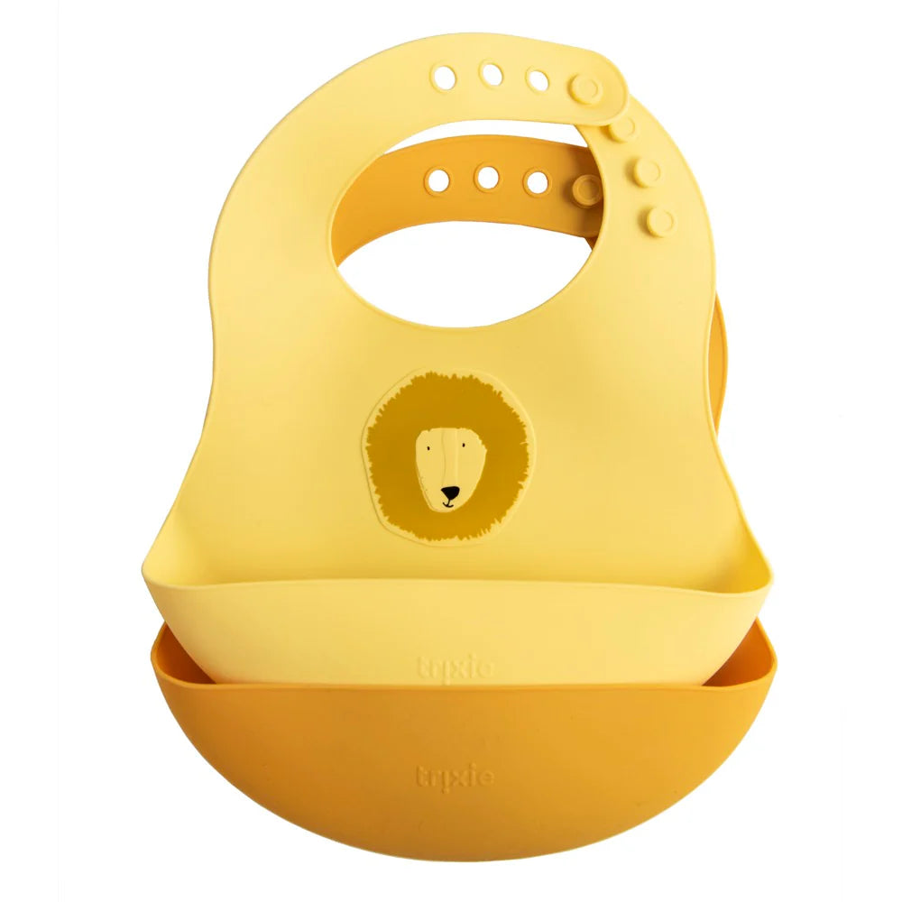 silicone bib in yellow with lion print 2 pack