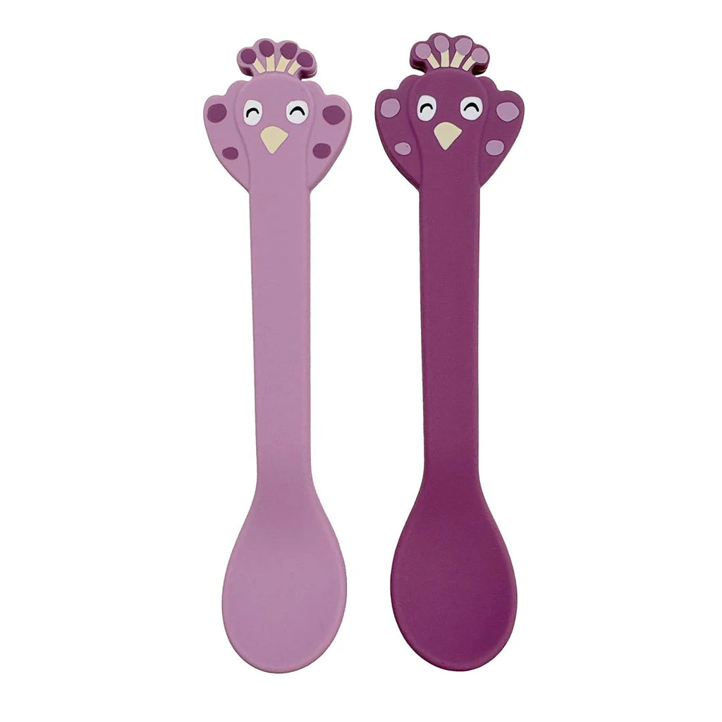 two silicone spoons with peacock design in purple color
