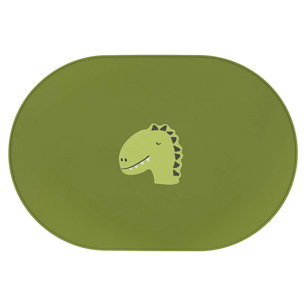 silicone placemat for babies trixie in green with dinosaur print