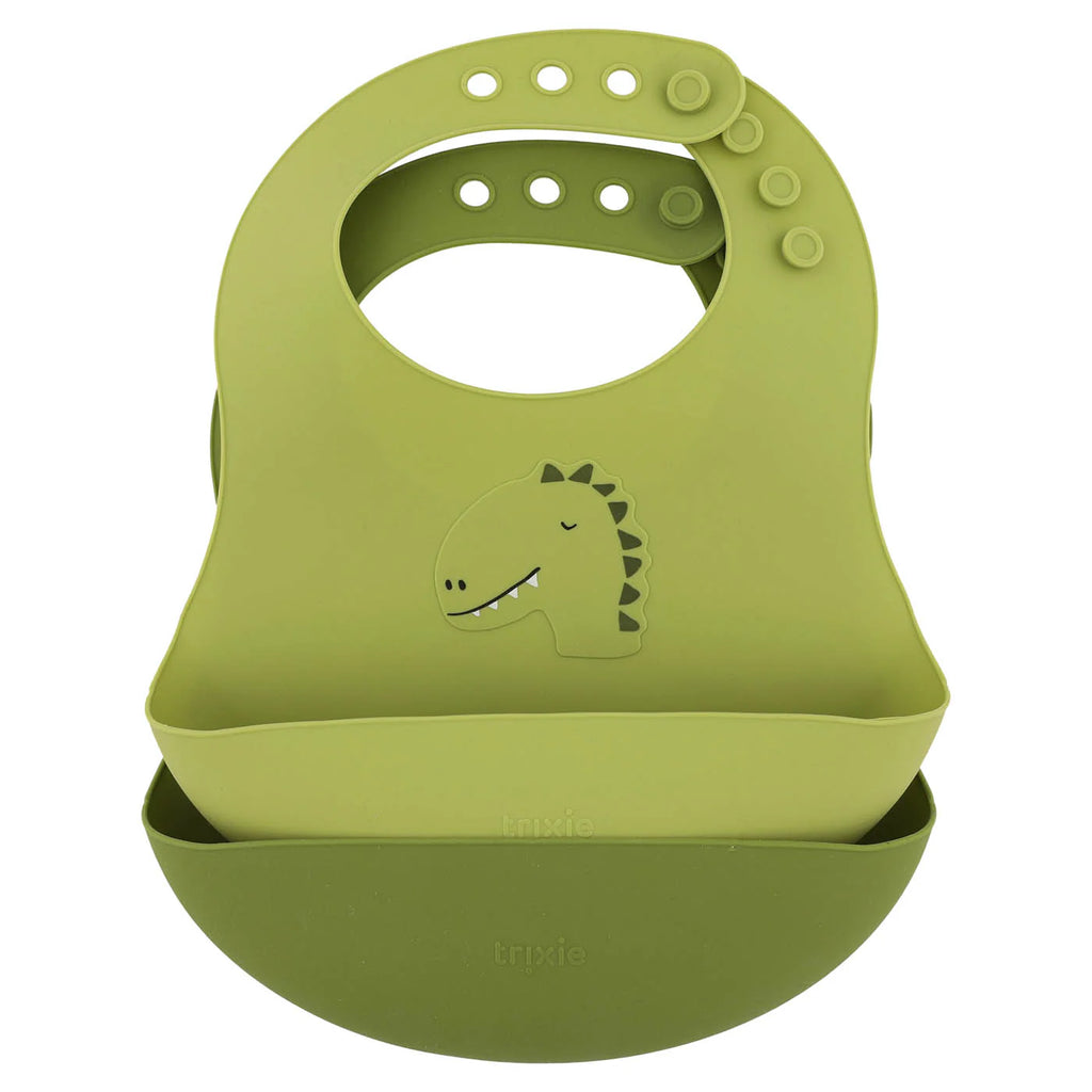 silicone bib in green color with dinosaur print 2 pack
