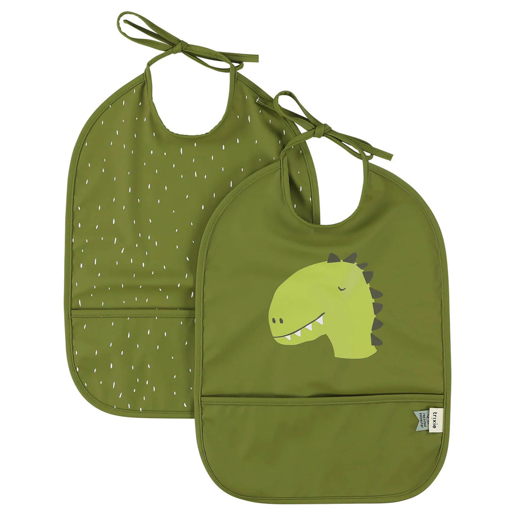 waterproof bibs in green color with dinosaur print
