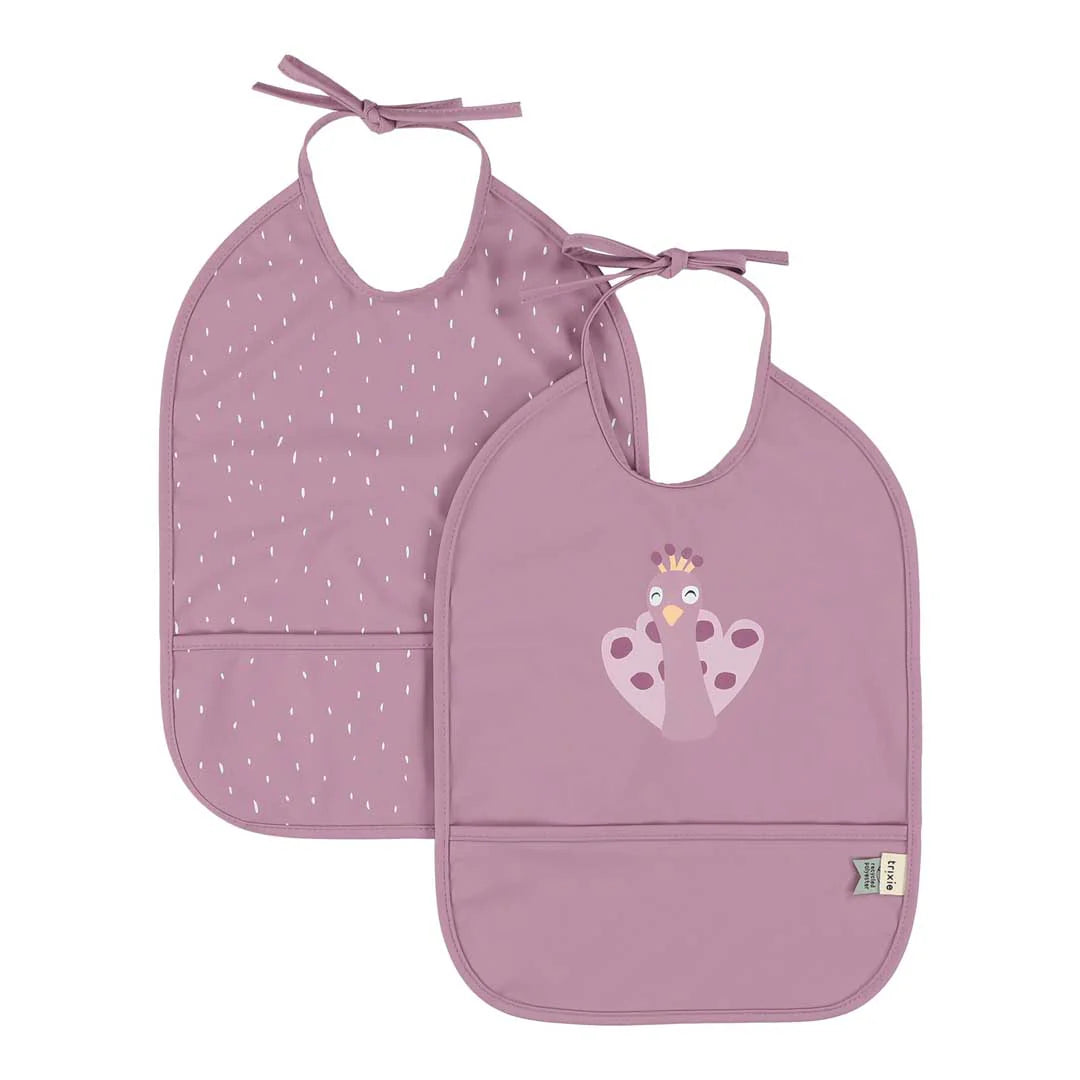 waterproof bibs in purpule with peacock print 2 pcs
